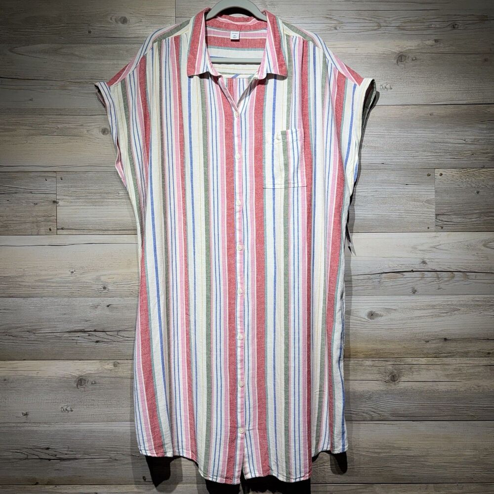 Old Navy Linen Blend Tunic Shirt Dress Women’s XXL Coastal Button Front Striped